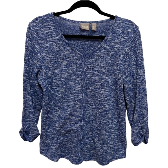 Chicos Blue White Knit 3/4 Sleeve Sweater Rolled Cuff, Size 1 - Picture 1 of 10